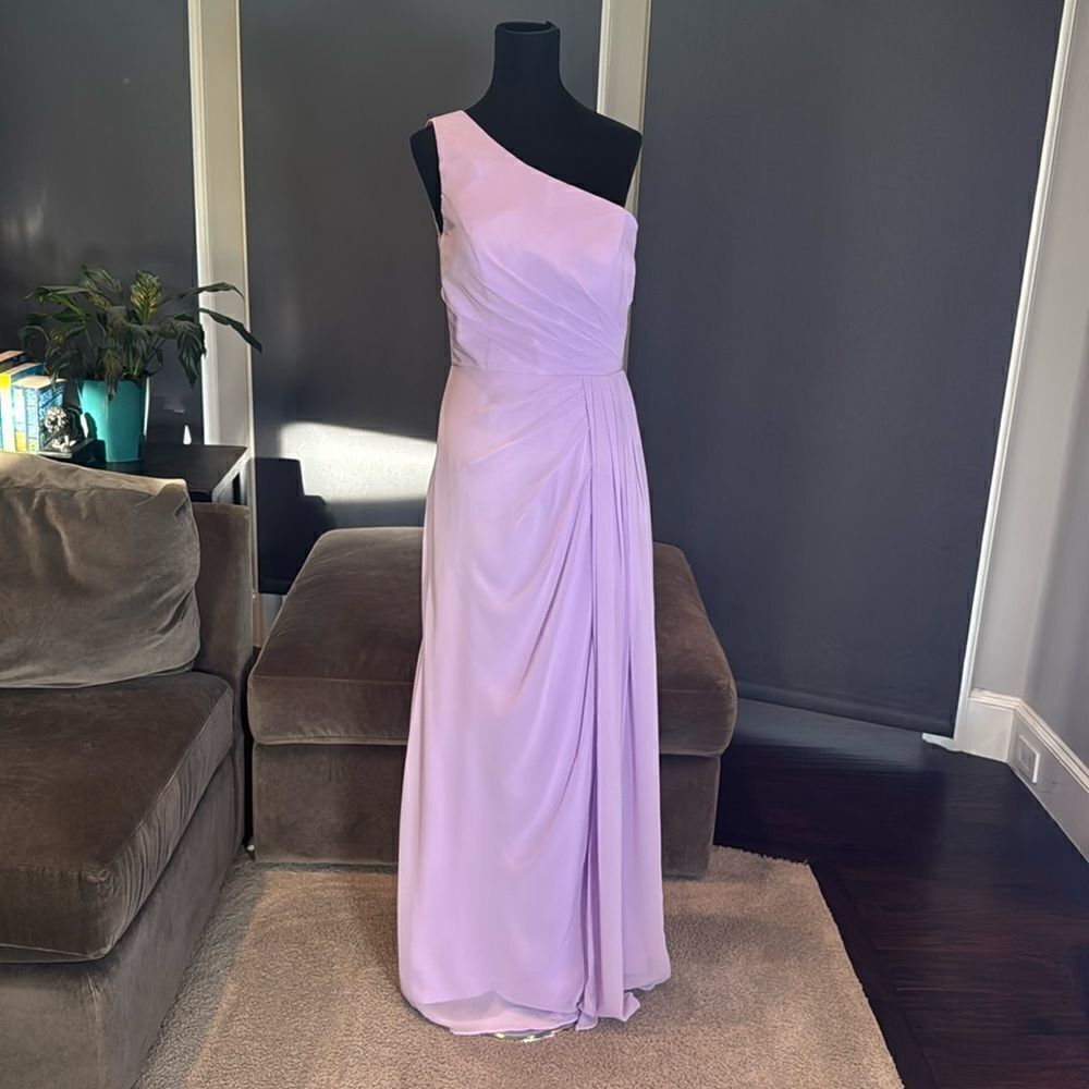 Purple Full Length One Shoulder Chiffon Formal Dress Corset Back Leg Slit Size 6